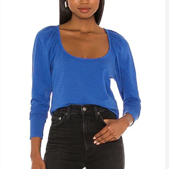Nation Scoop Neck Puff Sleeve Tee Small Top Blue - Picture 1 of 8